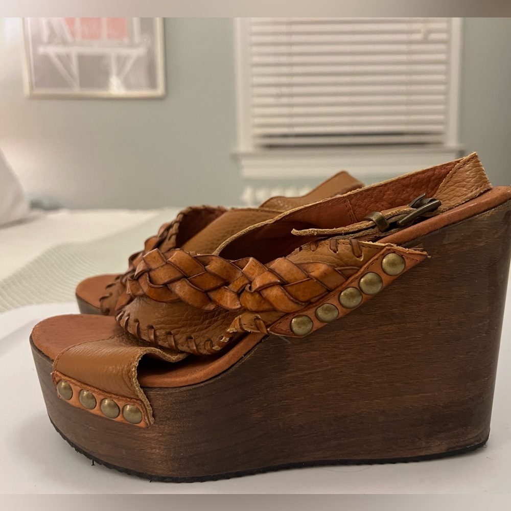 Anthropologie - Sixtyseven Cognac Braided Leather Wedge Sandals